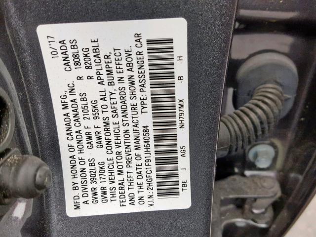 2HGFC1F91JH640584 - 2018 HONDA CIVIC TOUR GRAY photo 10