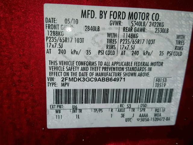 2FMDK3GC9ABB64971 - 2010 FORD EDGE SE MAROON photo 10