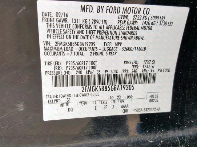 2FMGK5B85GBA19205 - 2016 FORD FLEX SE BLACK photo 10