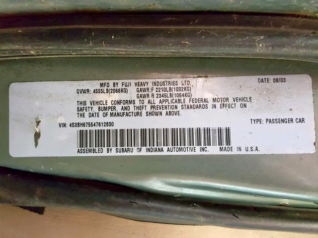 4S3BH675547612830 - 2004 SUBARU LEGACY OUT GREEN photo 10