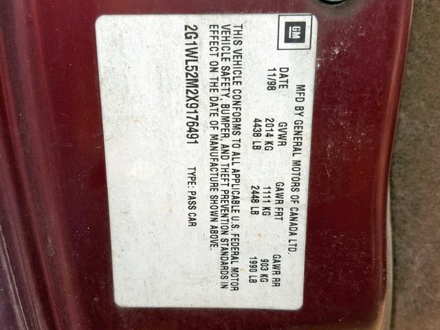 2G1WL52M2X9176491 - 1999 CHEVROLET LUMINA BAS Bordo foto 10