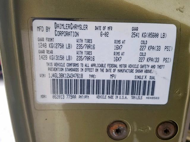 1J4GL38K12W347618 - 2002 JEEP LIBERTY RE GREEN photo 10