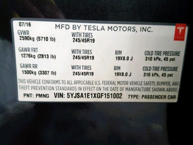 5YJSA1E1XGF151002 - 2016 TESLA MODEL S GRAY photo 10