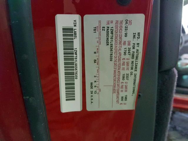 1ZWFT61L9X5678359 - 1999 MERCURY COUGAR V6 RED photo 10