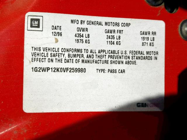 1G2WP12K0VF259980 - 1997 PONTIAC GRAND PRIX RED photo 10