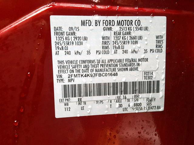 2FMTK4K97FBC01648 - 2015 FORD EDGE TITAN RED photo 10