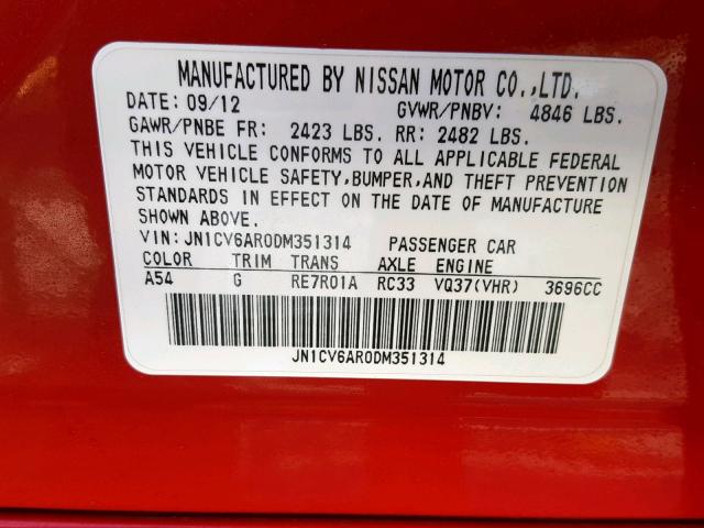 JN1CV6AR0DM351314 - 2013 INFINITI G37 RED photo 10