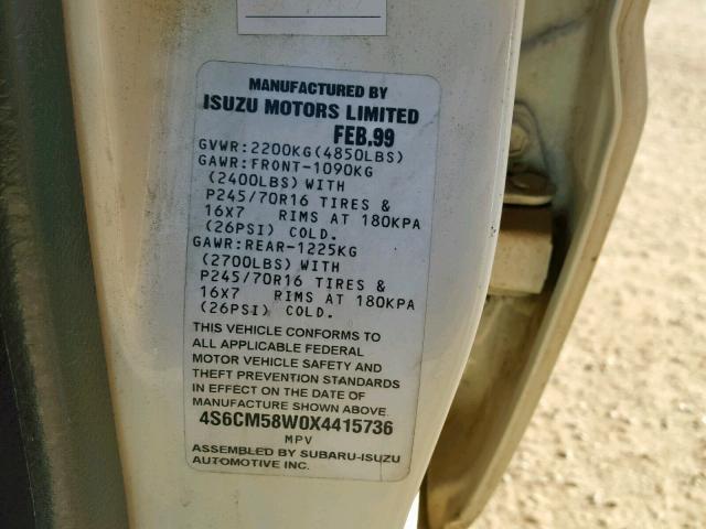 4S6CM58W0X4415736 - 1999 HONDA PASSPORT E 白色 照片 10