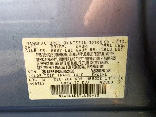 3N1AB61E89L652430 - 2009 NISSAN SENTRA 2.0 SILVER photo 10