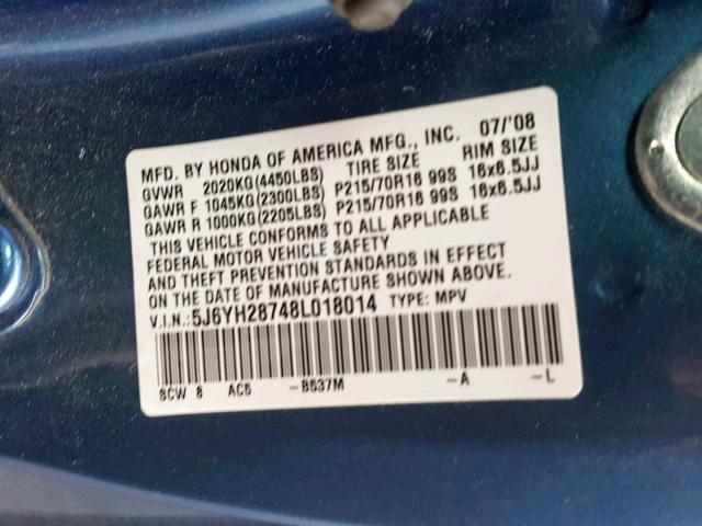 5J6YH28748L018014 - 2008 HONDA ELEMENT EX BLUE photo 10