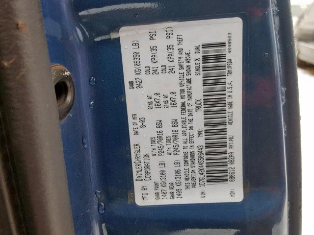 1D7GL42K44S506443 - 2004 DODGE DAKOTA SLT BLUE photo 10