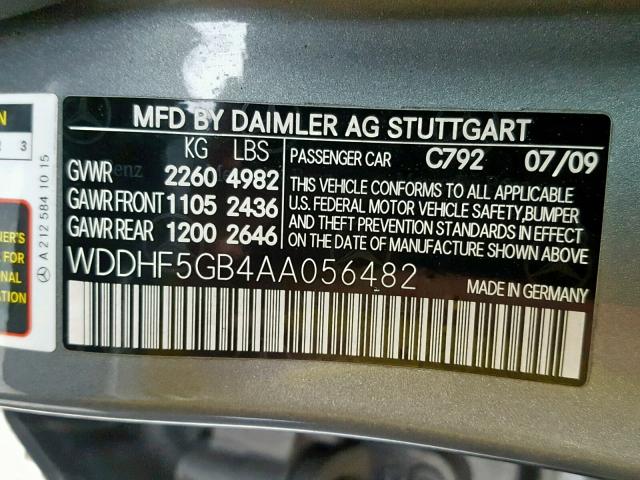 WDDHF5GB4AA056482 - 2010 MERCEDES-BENZ E 350 GRAY photo 10