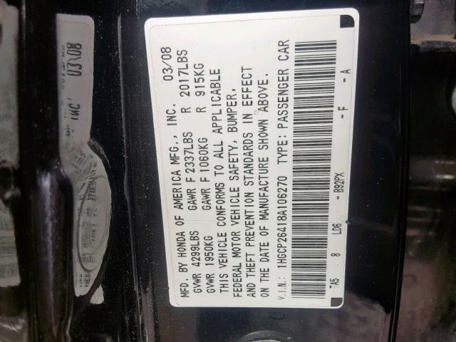 1HGCP26418A106270 - 2008 HONDA ACCORD LXP BLACK photo 10