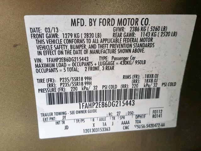 1FAHP2E86DG215443 - 2013 FORD TAURUS SEL GREEN photo 10