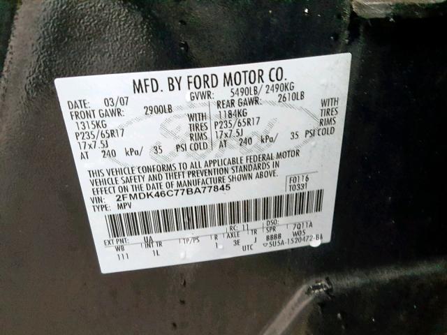 2FMDK46C77BA77845 - 2007 FORD EDGE SE BLACK photo 10