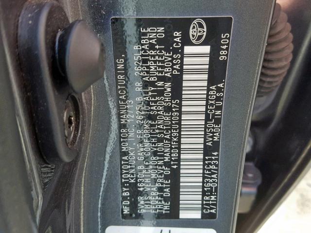 4T1BD1FK9EU109175 - 2014 TOYOTA CAMRY HYBR CHARCOAL photo 10