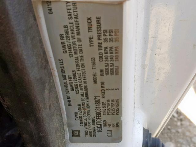 1GCJTCFE6C8148871 - 2012 CHEVROLET COLORADO L WHITE photo 10