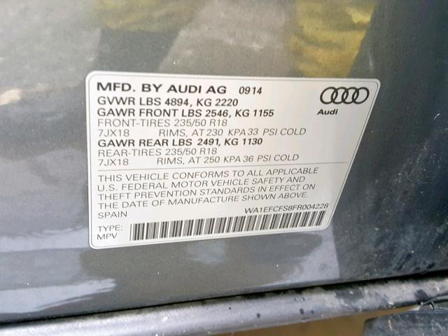 WA1EFCFS8FR004228 - 2015 AUDI Q3 PREMIUM GRAY photo 10