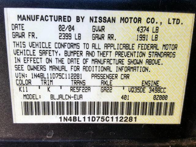 1N4BL11D75C112281 - 2005 NISSAN ALTIMA SE GRAY photo 10