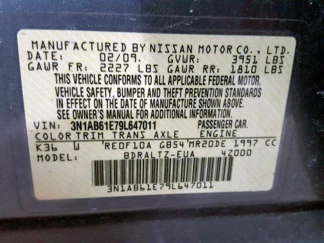 3N1AB61E79L647011 - 2009 NISSAN SENTRA 2.0 GRAY photo 10