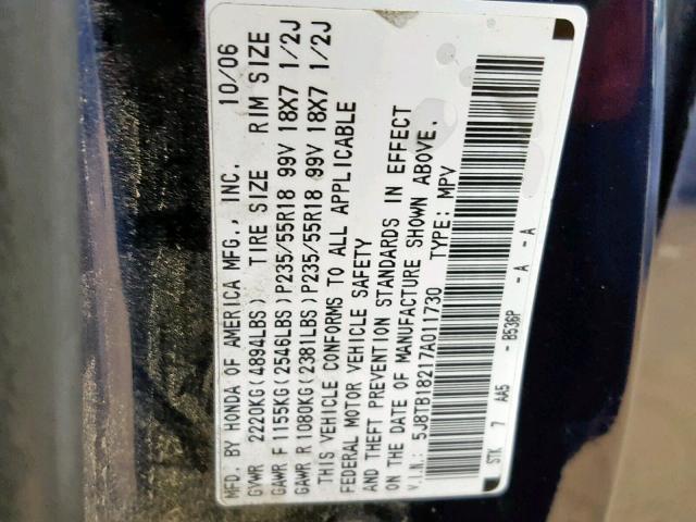 5J8TB18217A011730 - 2007 ACURA RDX BLUE photo 10