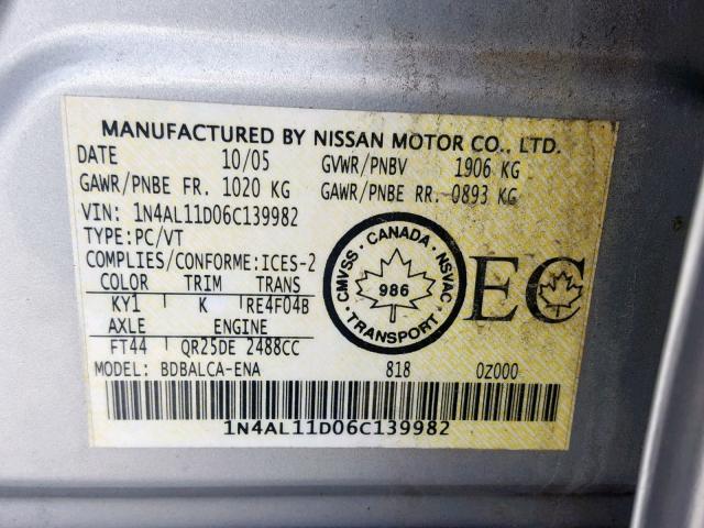 1N4AL11D06C139982 - 2006 NISSAN ALTIMA S SILVER photo 10