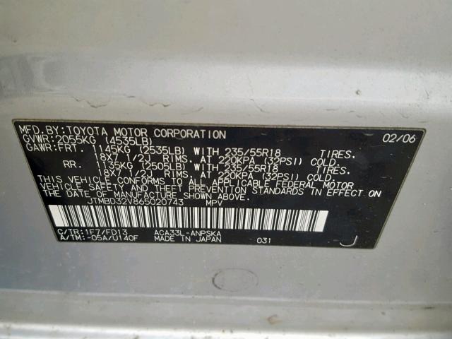 JTMBD32V865020743 - 2006 TOYOTA RAV4 SPORT SILVER photo 10