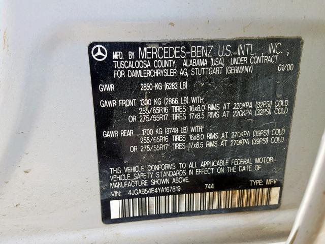 4JGAB54E4YA167819 - 2000 MERCEDES-BENZ ML 320 SILVER photo 10