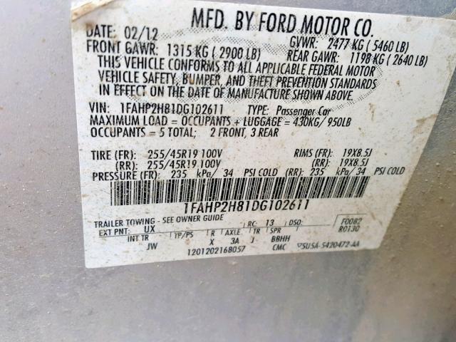 1FAHP2H81DG102611 - 2013 FORD TAURUS SEL SILVER photo 10