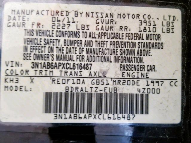 3N1AB6APXCL616487 - 2012 NISSAN SENTRA 2.0 BLACK photo 10