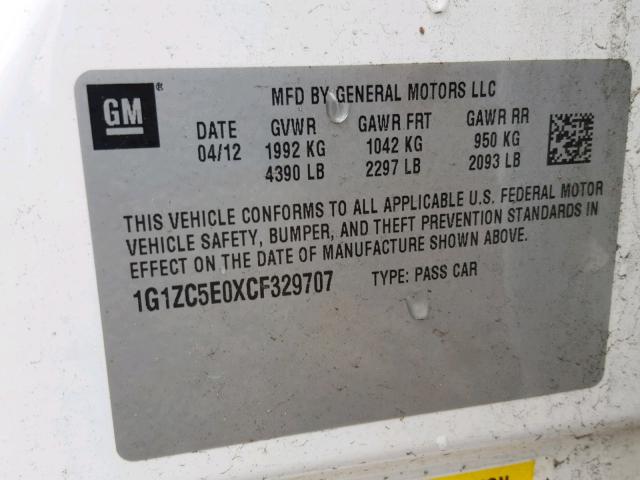 1G1ZC5E0XCF329707 - 2012 CHEVROLET MALIBU 1LT WHITE photo 10