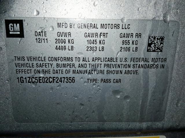 1G1ZC5E02CF247356 - 2012 CHEVROLET MALIBU 1LT SILVER photo 10