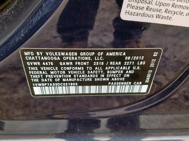 1VWBP7A33DC021903 - 2013 VOLKSWAGEN PASSAT SE BLUE photo 10