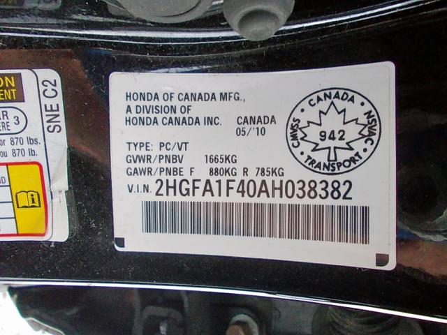 2HGFA1F40AH038382 - 2010 HONDA CIVIC DX-G BLACK photo 9