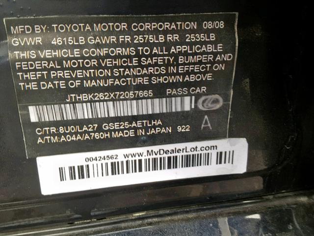 JTHBK262X72057665 - 2007 LEXUS IS 250 BLACK photo 10