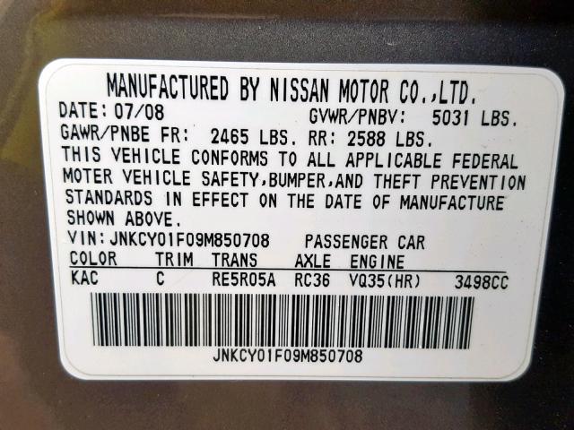 JNKCY01F09M850708 - 2009 INFINITI M35 BASE GOLD photo 10