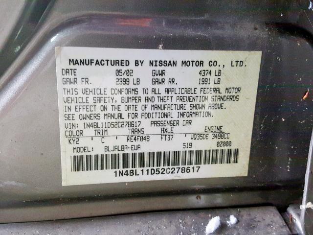 1N4BL11D52C278617 - 2002 NISSAN ALTIMA SE GOLD photo 10