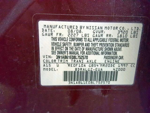 3N1AB61E08L752570 - 2008 NISSAN SENTRA 2.0 RED photo 10