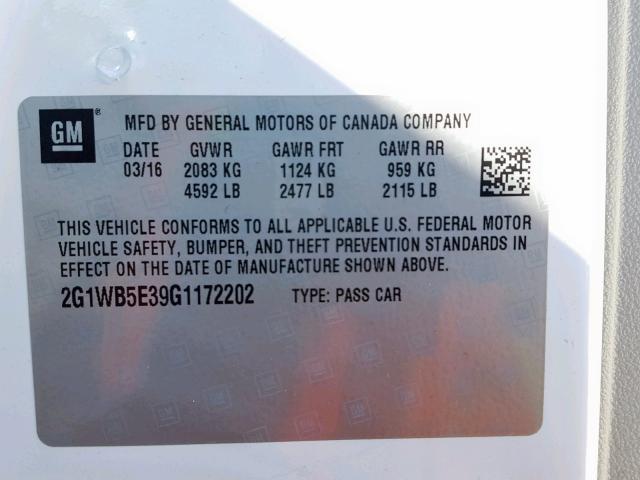 2G1WB5E39G1172202 - 2016 CHEVROLET IMPALA LIM WHITE photo 10