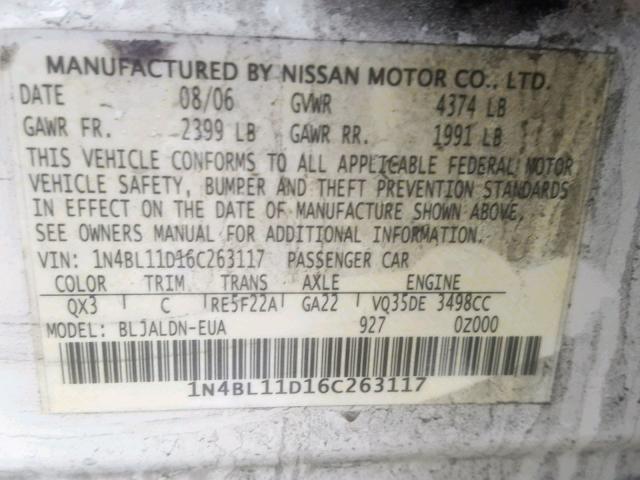 1N4BL11D16C263117 - 2006 NISSAN ALTIMA SE WHITE photo 10