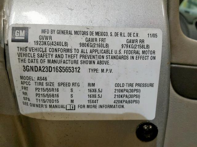 3GNDA23D16S565312 - 2006 CHEVROLET HHR LT SILVER photo 10