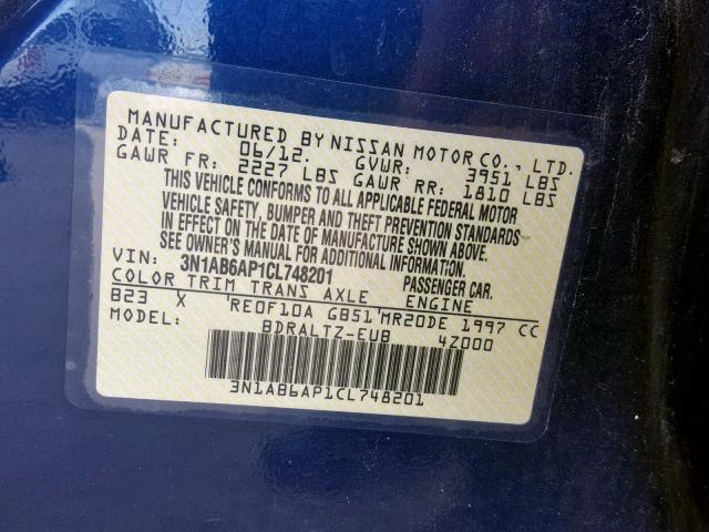 3N1AB6AP1CL748201 - 2012 NISSAN SENTRA 2.0 BLUE photo 10