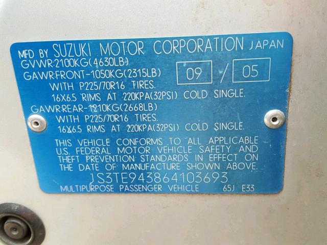 JS3TE943864103693 - 2006 SUZUKI GRAND VITA SILVER photo 10