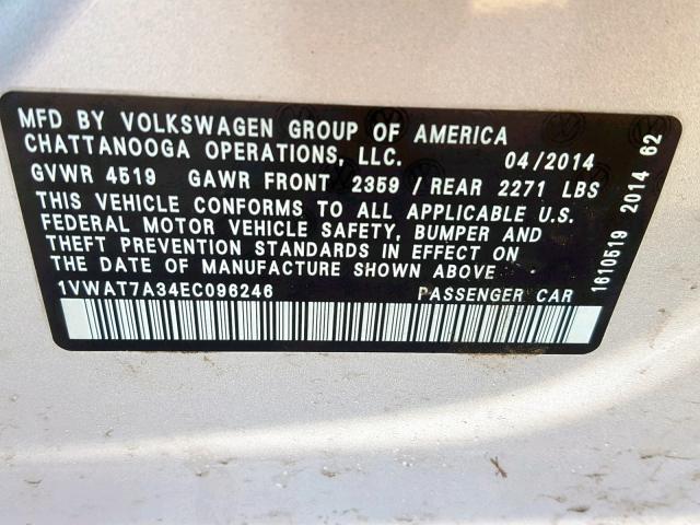 1VWAT7A34EC096246 - 2014 VOLKSWAGEN PASSAT S SILVER photo 10