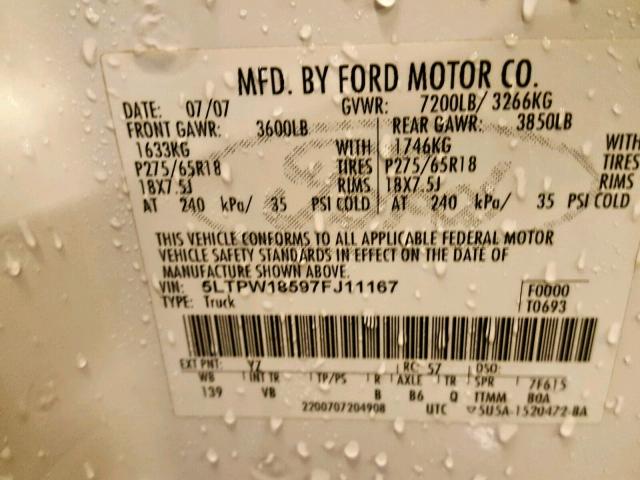 5LTPW18597FJ11167 - 2007 LINCOLN MARK LT WHITE photo 10