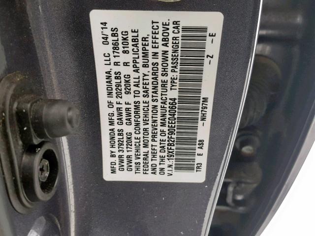 19XFB2F90EE040664 - 2014 HONDA CIVIC EXL GRAY photo 10