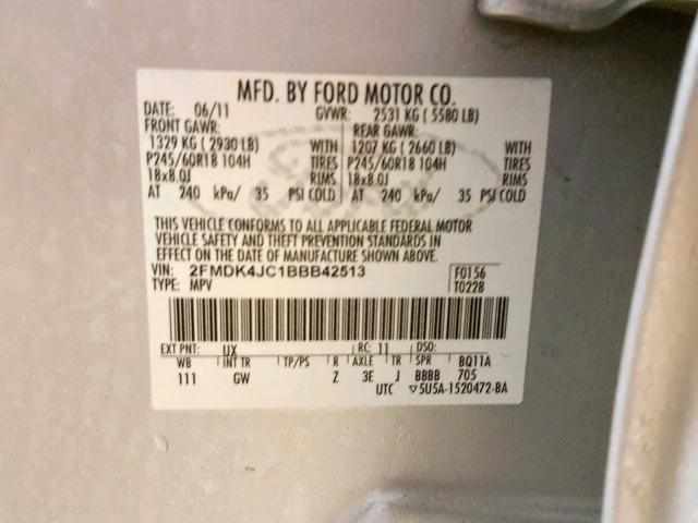 2FMDK4JC1BBB42513 - 2011 FORD EDGE SEL SILVER photo 10