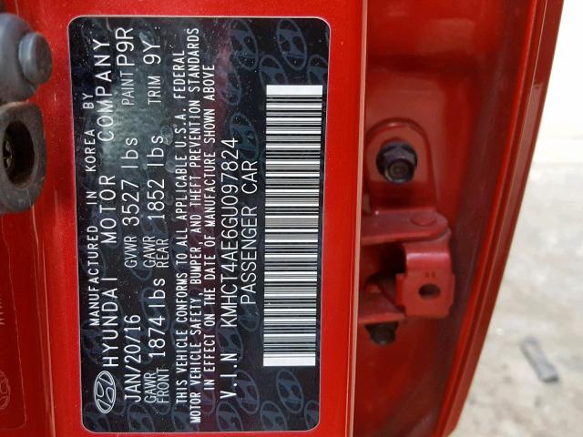 KMHCT4AE6GU097824 - 2016 HYUNDAI ACCENT SE RED photo 10