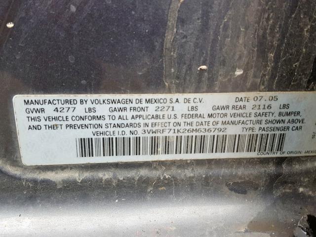 3VWRF71K26M636792 - 2006 VOLKSWAGEN JETTA 2.5 GRAY photo 10