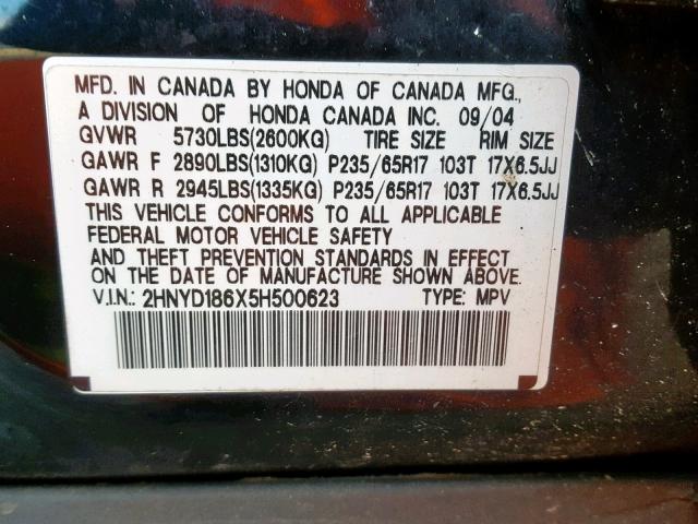 2HNYD186X5H500623 - 2005 ACURA MDX TOURIN BLACK photo 10